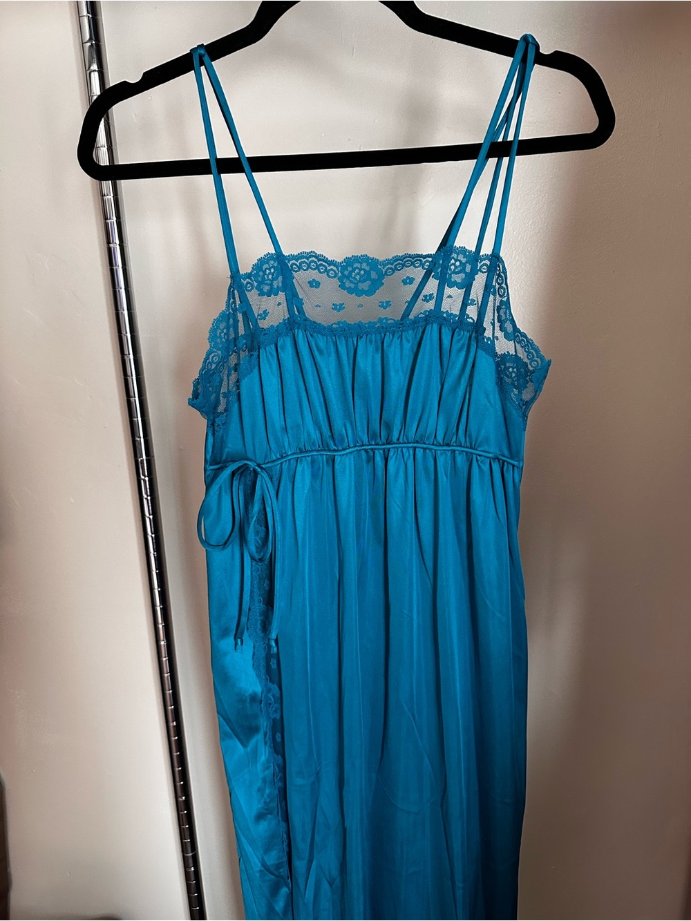 Blue Vintage Empire Waist Pinehurst Lingerie Lace Trim Slit Slip Gown Regency